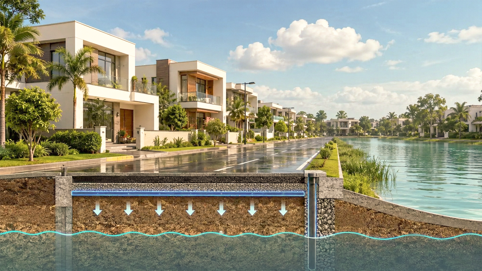 Flood-resistant lakeside villa community with engineered groundwater protection