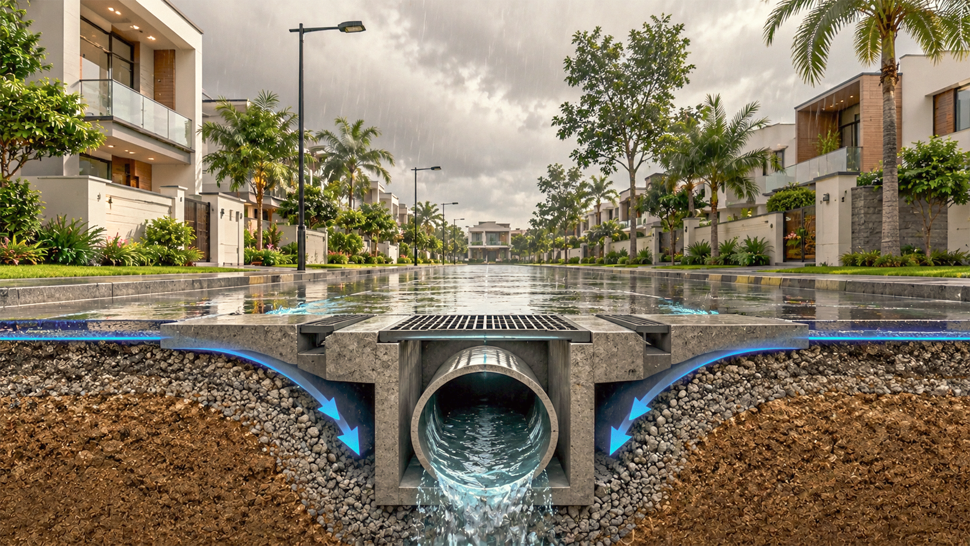 Stormwater drainage system channeling rainwater beneath a villa street