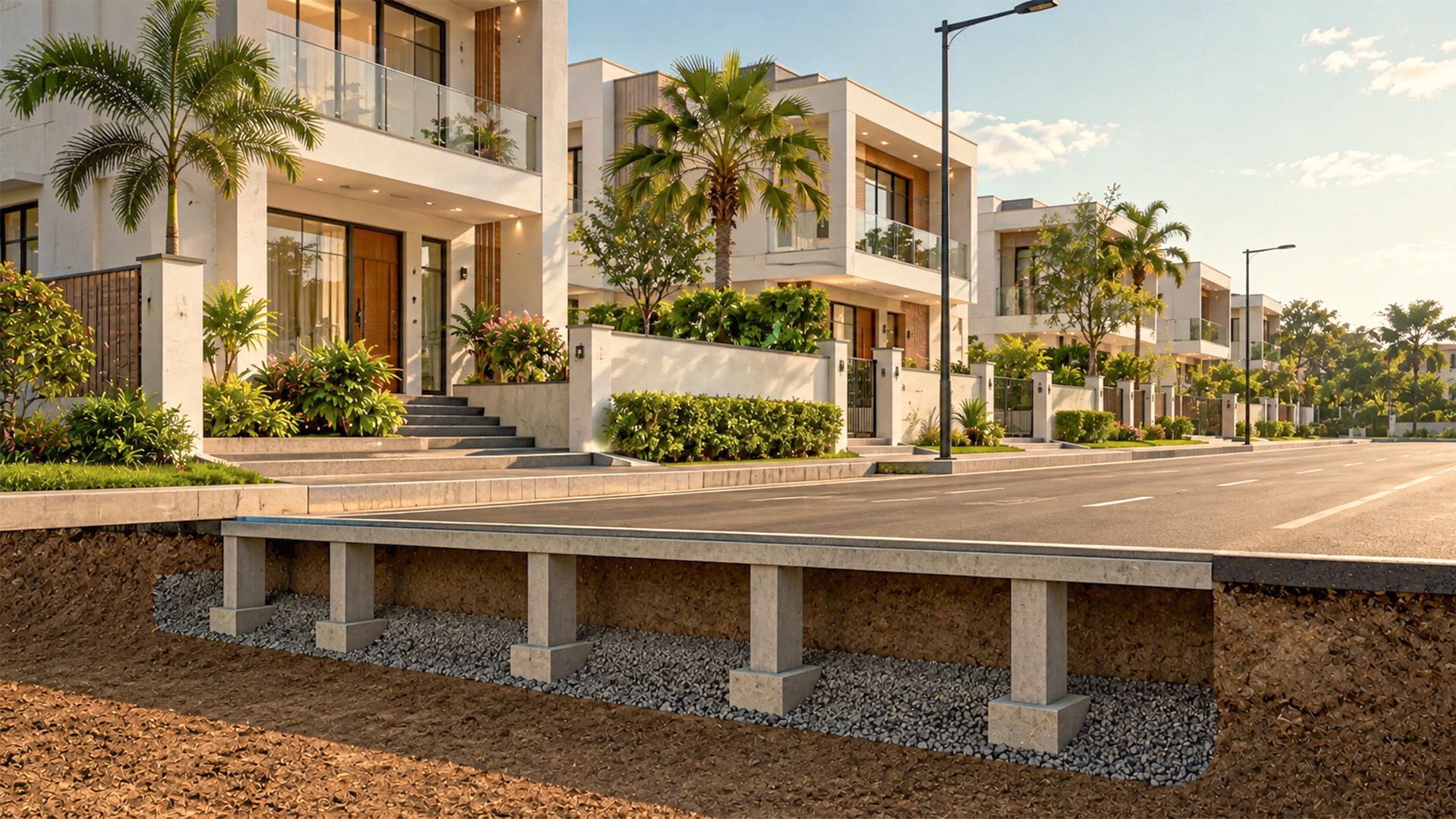 Elevated villa foundations engineered above the surrounding ground level